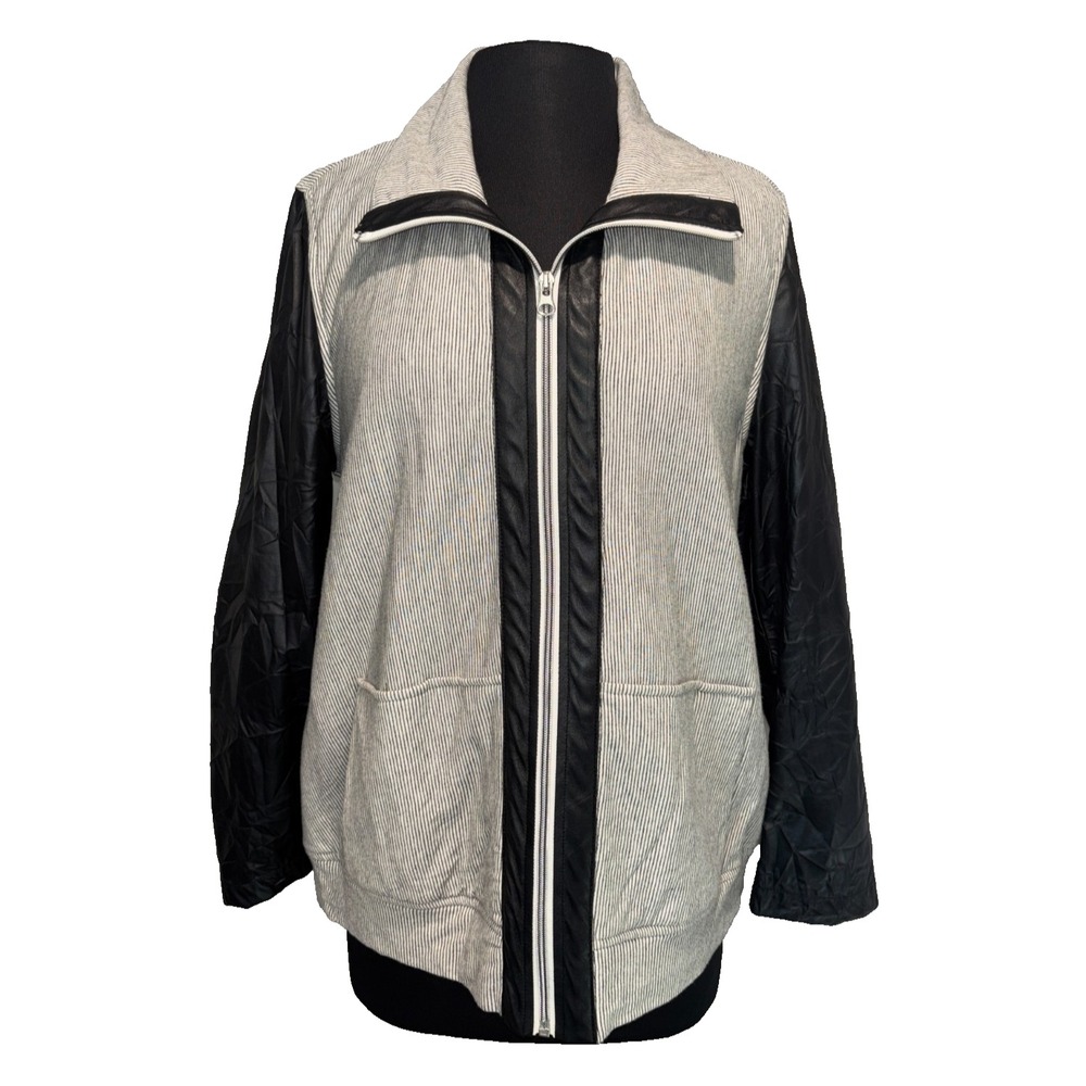 Focus Casual Life Full Zip Jacket M Gray Pinstripe Faux Leather Sleeves NEW